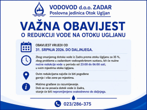 Važna obavijest o redukciji vode na OTOKU UGLJANU