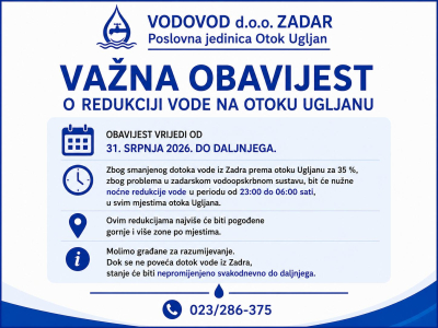 Važna obavijest o redukciji vode na OTOKU UGLJANU